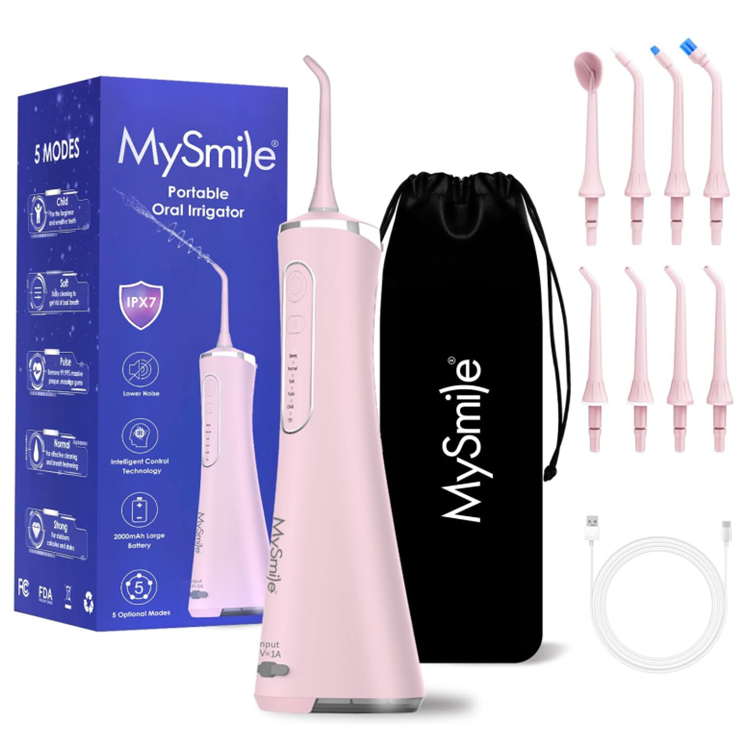 MySmile LP211 Cordless Water Dental Flosser Oral Irrigator 5 Modes 8 Tips Pink