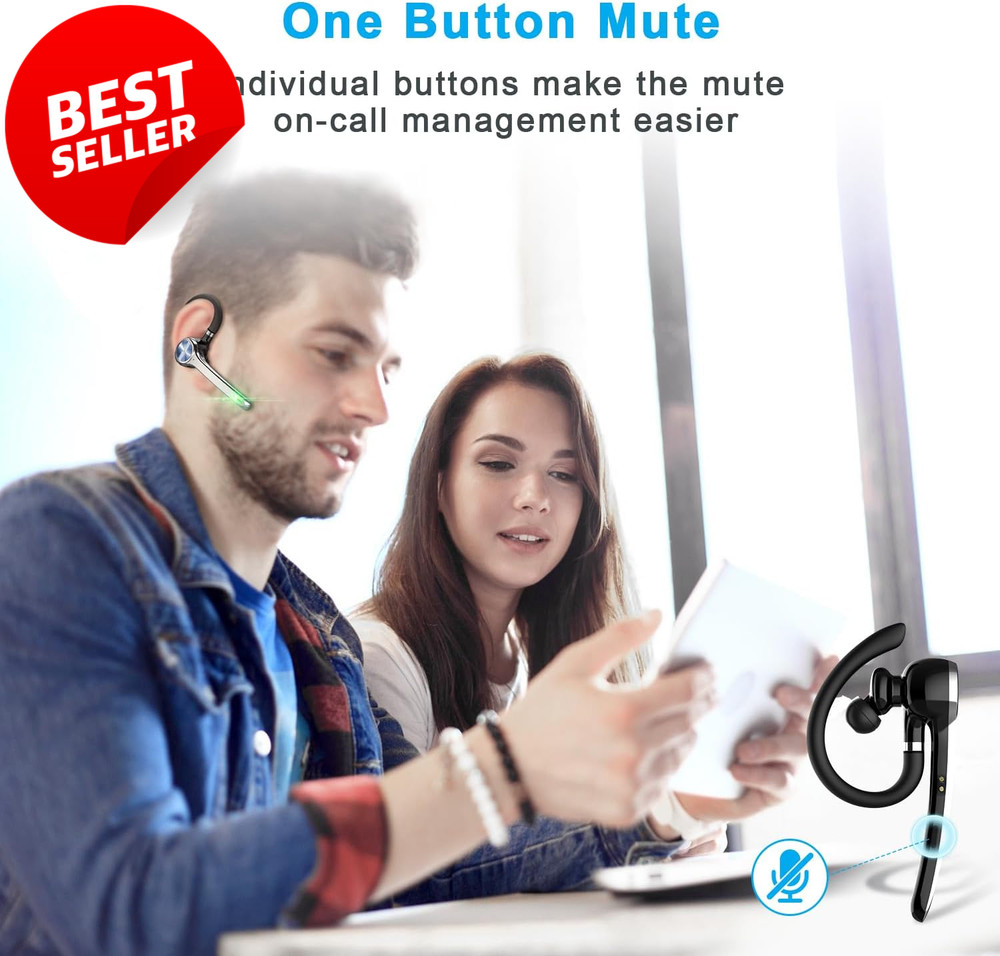 Bluetooth Headset Wireless Earpiece 72H Talk Time Charging Case Mic V5.1 - US