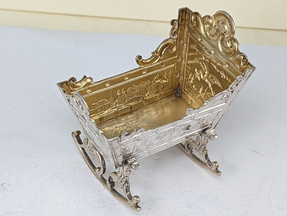 1899 Victorian baby’s Solid silver miniature cradle with gold guilded interior