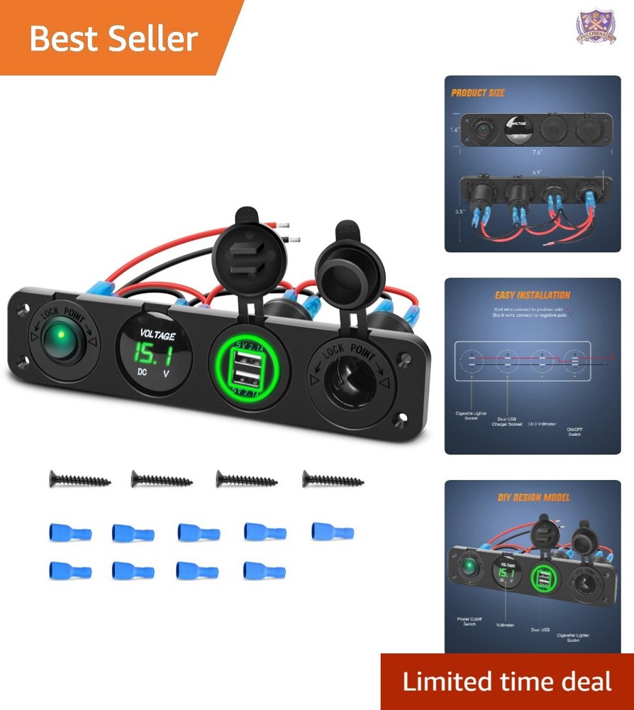 Durable 4 in 1 Power Socket with USB Sockets & LED Voltmeter for Marine & RV Use
