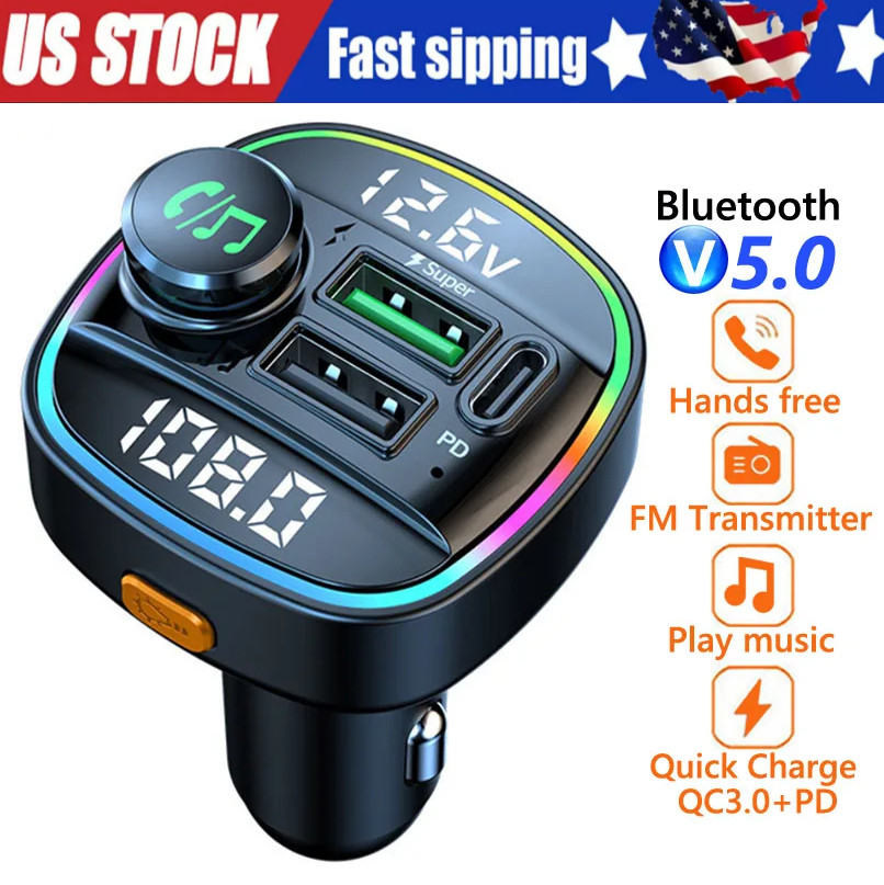 Bluetooth 5.0 Car Wireless FM Transmitter Adapter USB PD Charger AUX Hands LOT