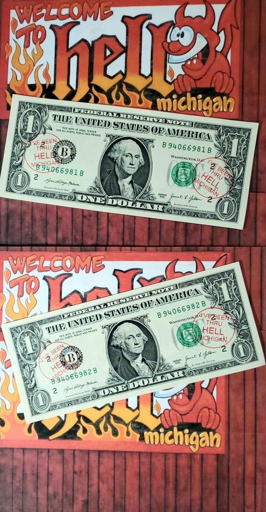 Unique One Dollar Bill Set (2) ✯"I've Been Through Hell Michigan"✯ Uncirculated✯