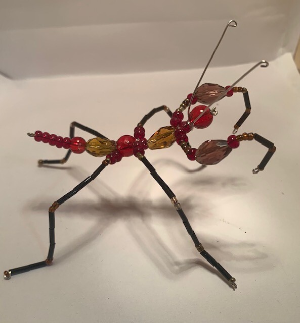 Handmade bead and wire praying mantis