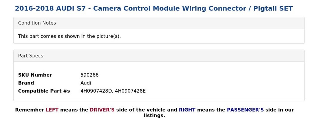 2016-2018 AUDI S7 - Camera Control Module Wiring Connector / Pigtail SET