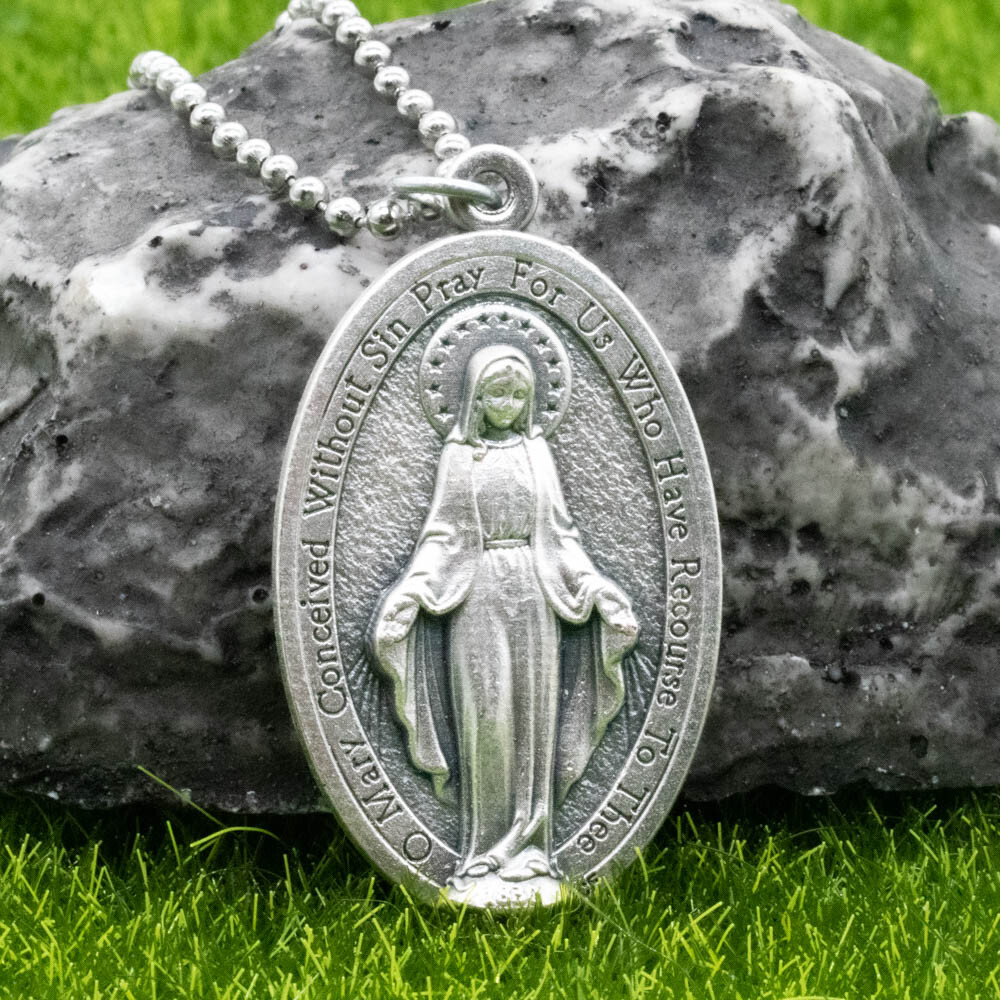 Extra Large 1-3/4" Miraculous Medal Virgin Mary Pendant Necklace Italy 24" Chain