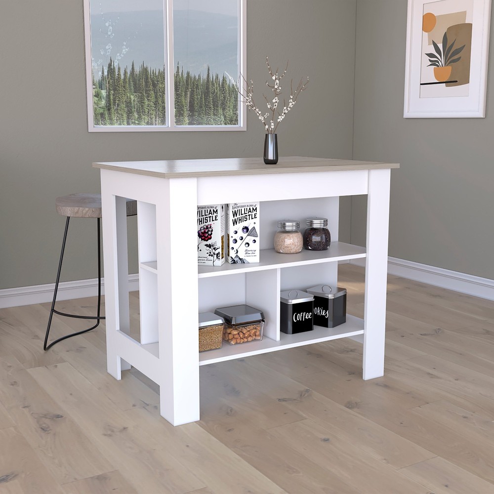 Kitchen Island, Kitchen Table 35" H, Three Open Storage Shelves