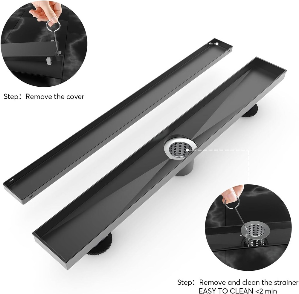 28” Linear Shower Drain Matte Black – Tile Insert Reversible Grate – Open Box