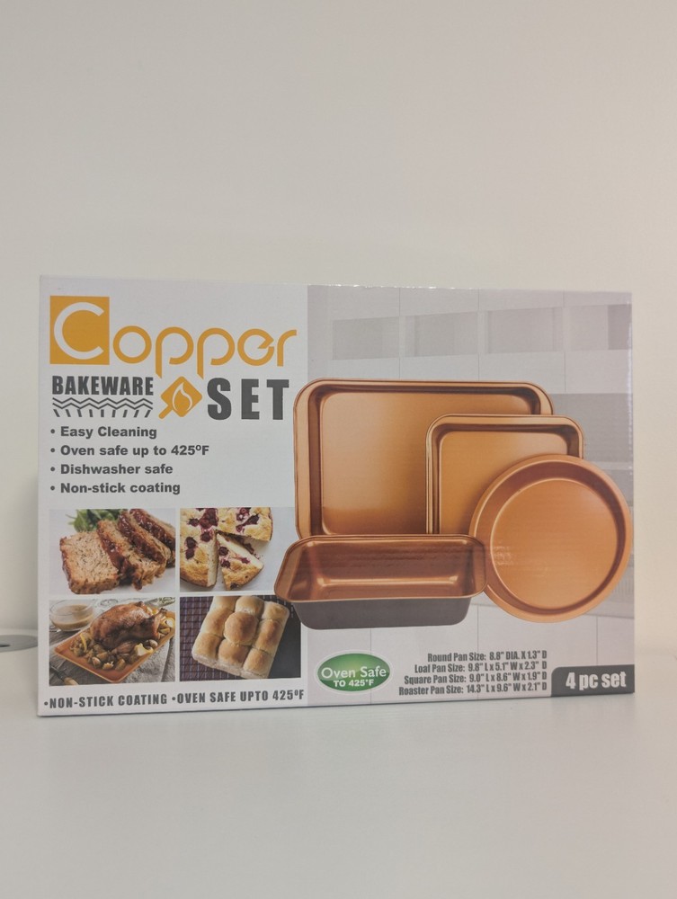 4 Pc Copper Bakeware Set - Dishwasher Safe Round-Loaf-Square-Roaster Pan - NEW