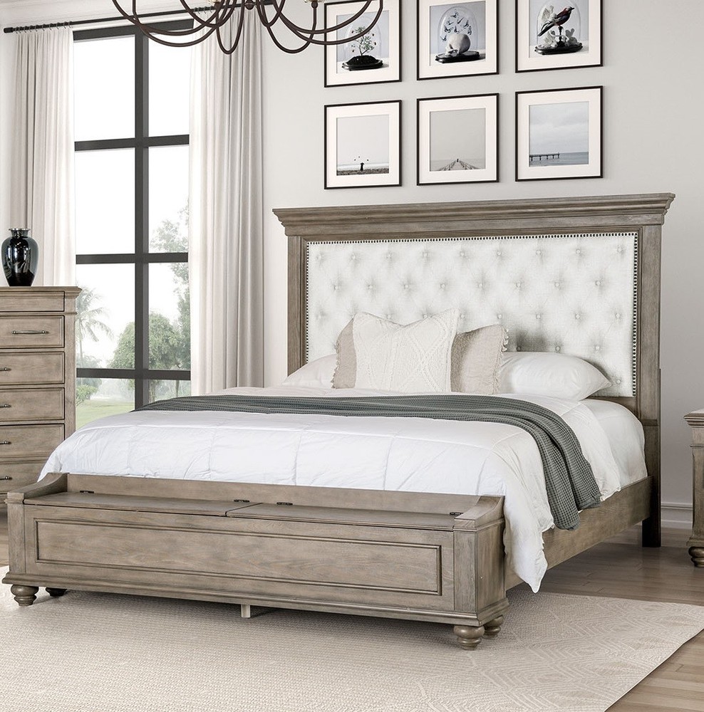 Transitional Easters King Size 1pc Bed Set Footboard Storage Padded Headboard