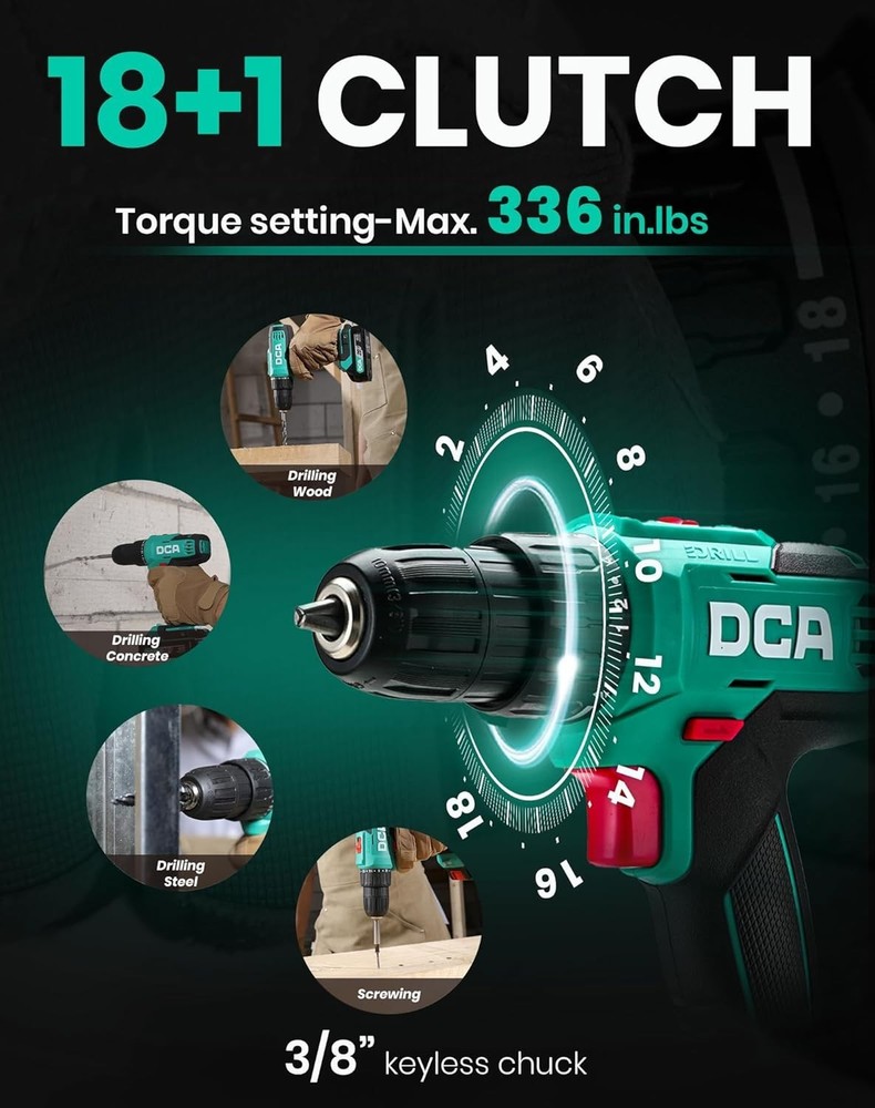 Cordless Drill Driver 20V Power Tool Kit Variable Speed Keyless Chuck Battery In