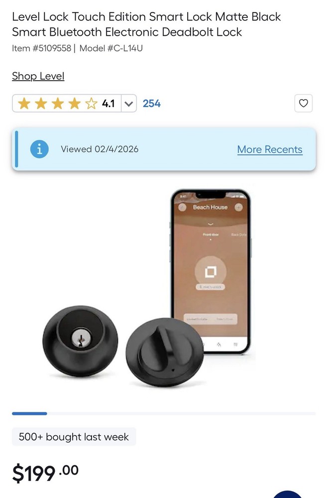 Level Lock Smart Lock Matte Black C-L14U Model B4 Touch Edition