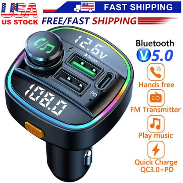 Bluetooth 5.0 Car Wireless FM Transmitter A dapter USB PD Charger AUX Hands LOT