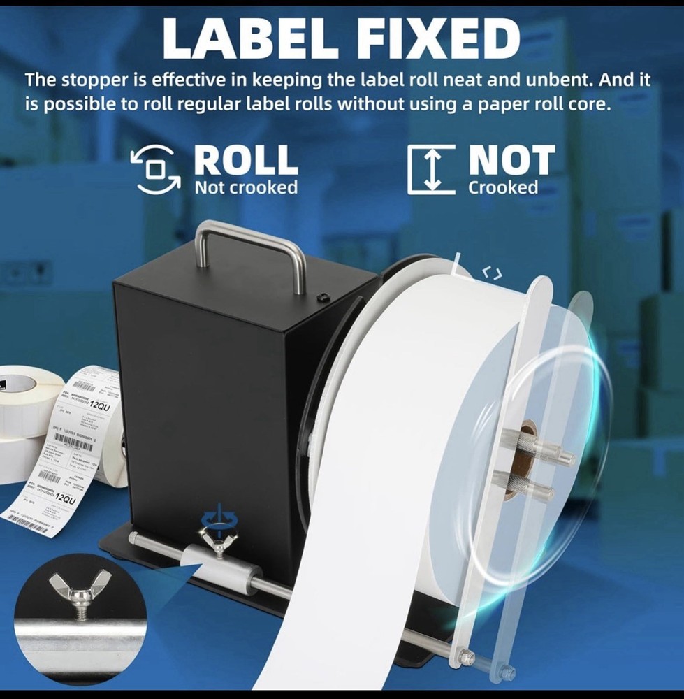 Automatic Label Rewinder, 1"/1.5"/3" Core Holder, Max Label Width 4.72". DESC…