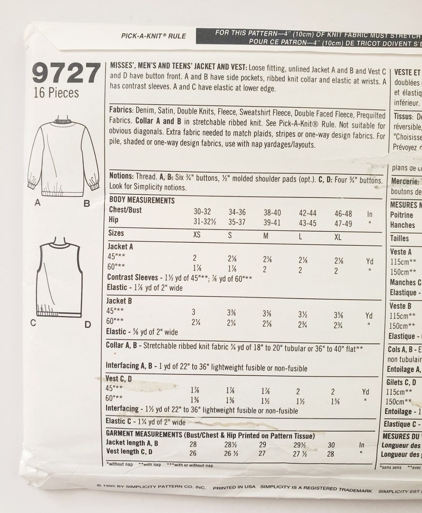 Simplicity Sewing Pattern 9727 Loose Fitting Jacket Ribbed Knit Collar XS- M