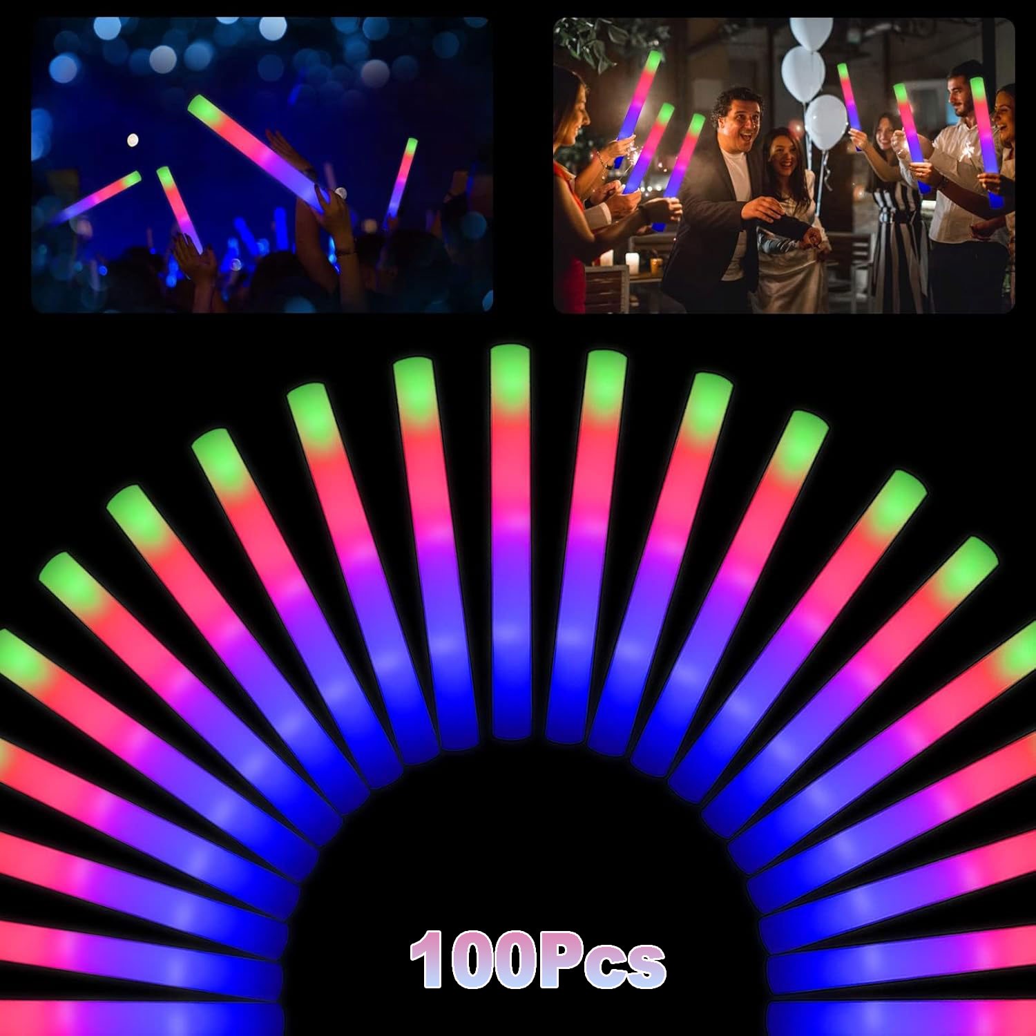 100 PCS LED Light Up Foam Sticks Concert Rally Glow Sticks Party Rave Wands