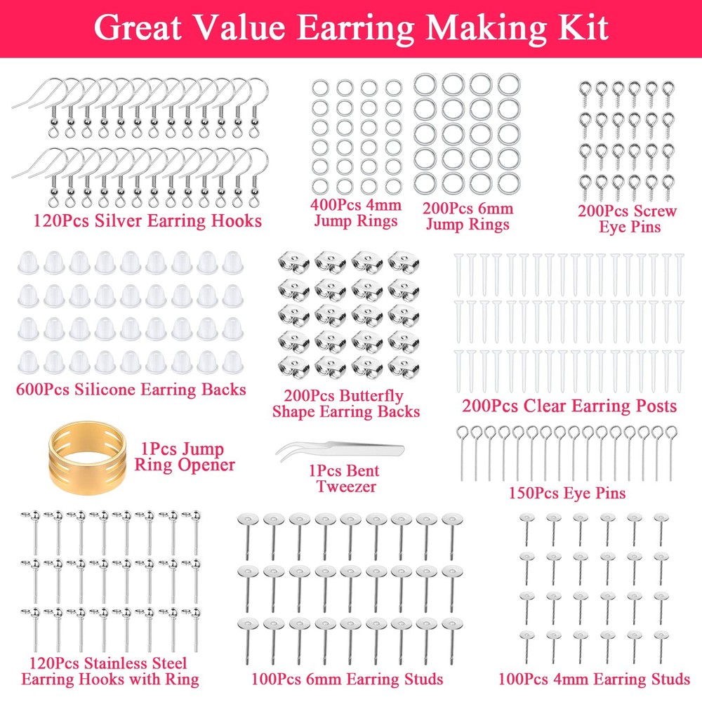 Cludoo Earring Making Kit - 2393 Pcs Hypoallergenic Small, Silver