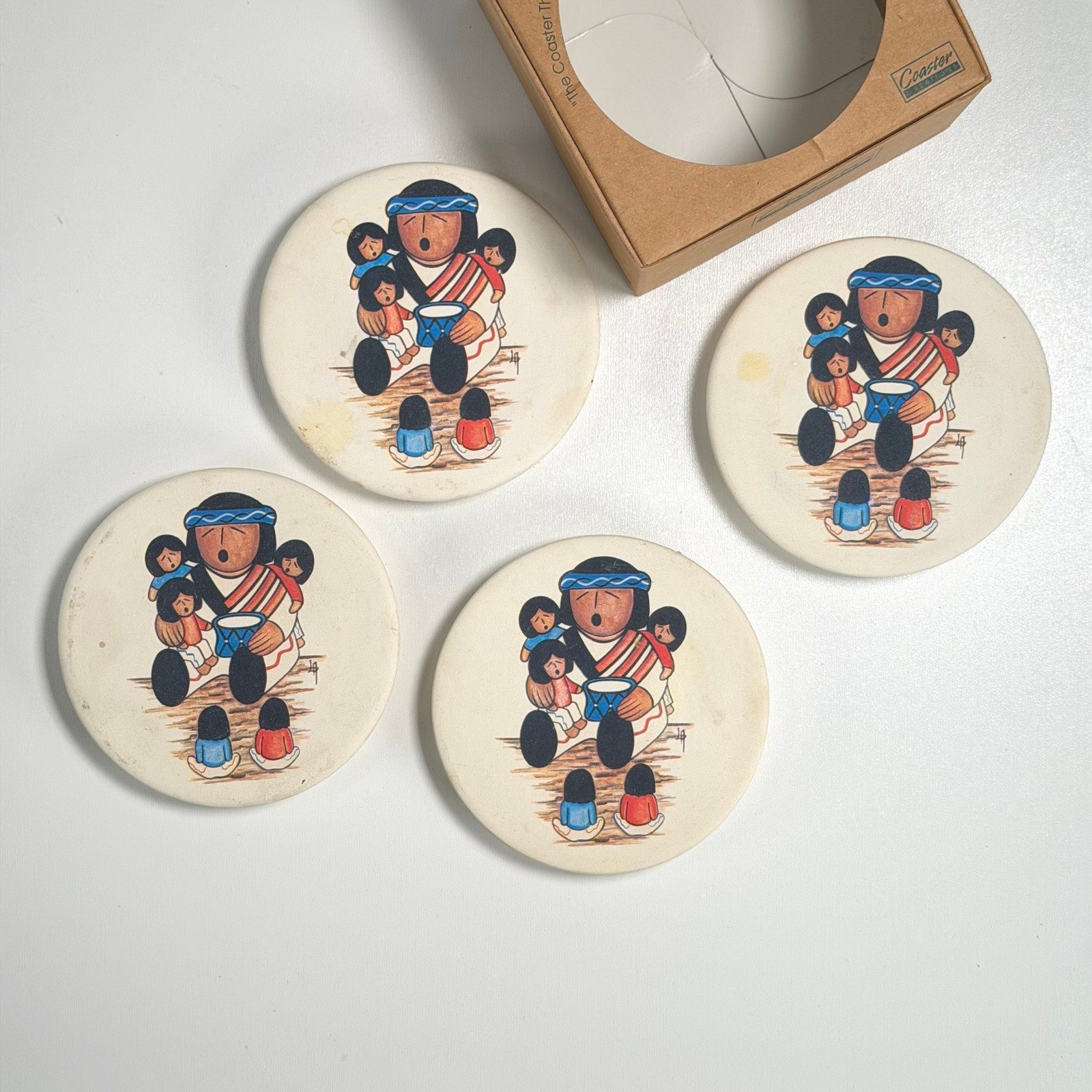 Vintage Native American Pueblo Storyteller Coaster Set Art Pottery Signed
