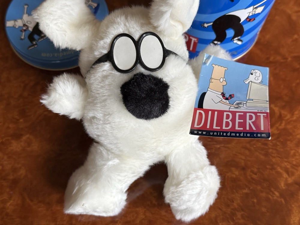 Vintage Dilbert Tin Can With Plush Dogbert - NEW !!