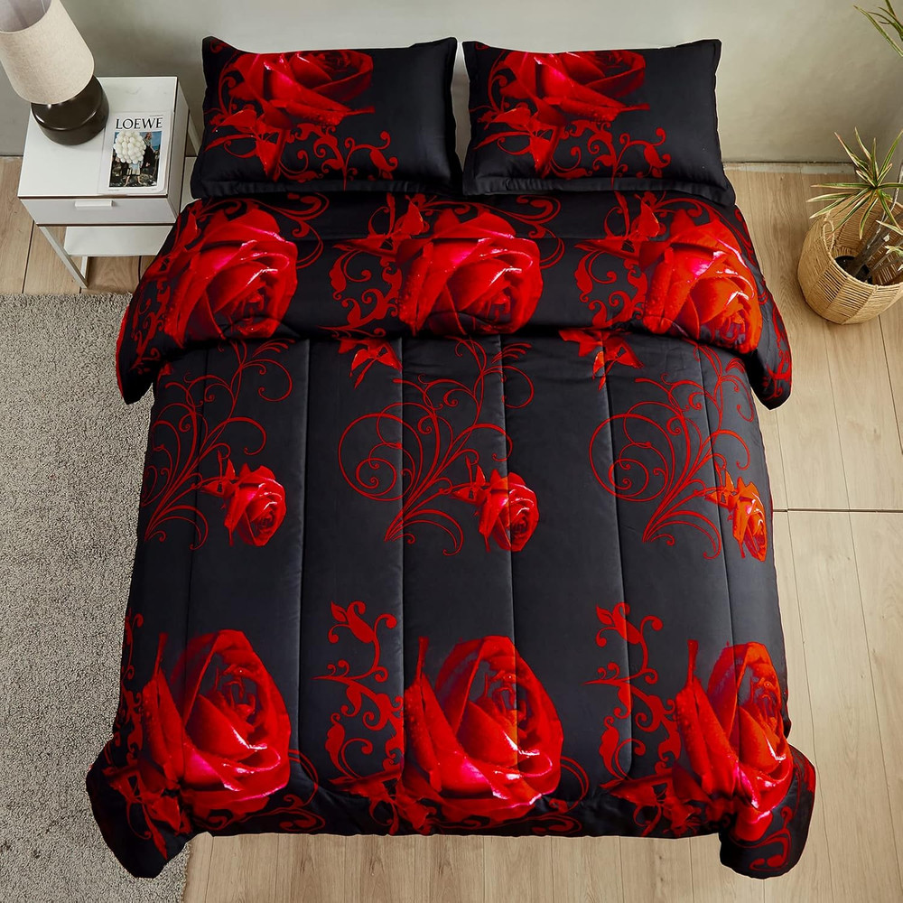Red Comforter Set Queen Reversible Red Rose Pattern Printed Bedding down Comfort