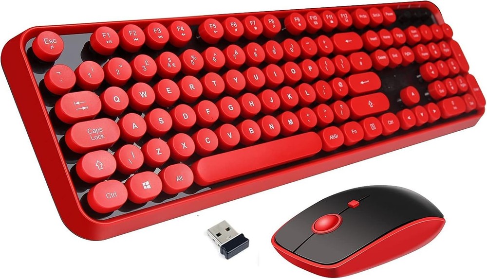Chic Red Wireless Keyboard & Mouse Combo - Retro Typewriter with Bubble Caps