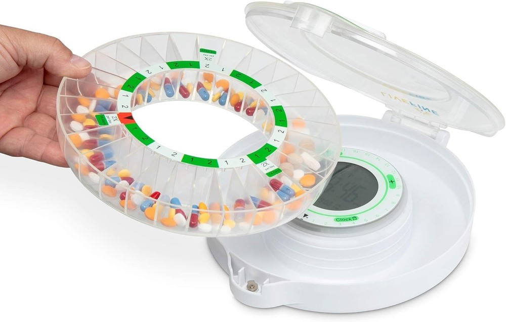 Automatic 28-Day Medication Organizer with Adjustable Sound and Visual Alarms