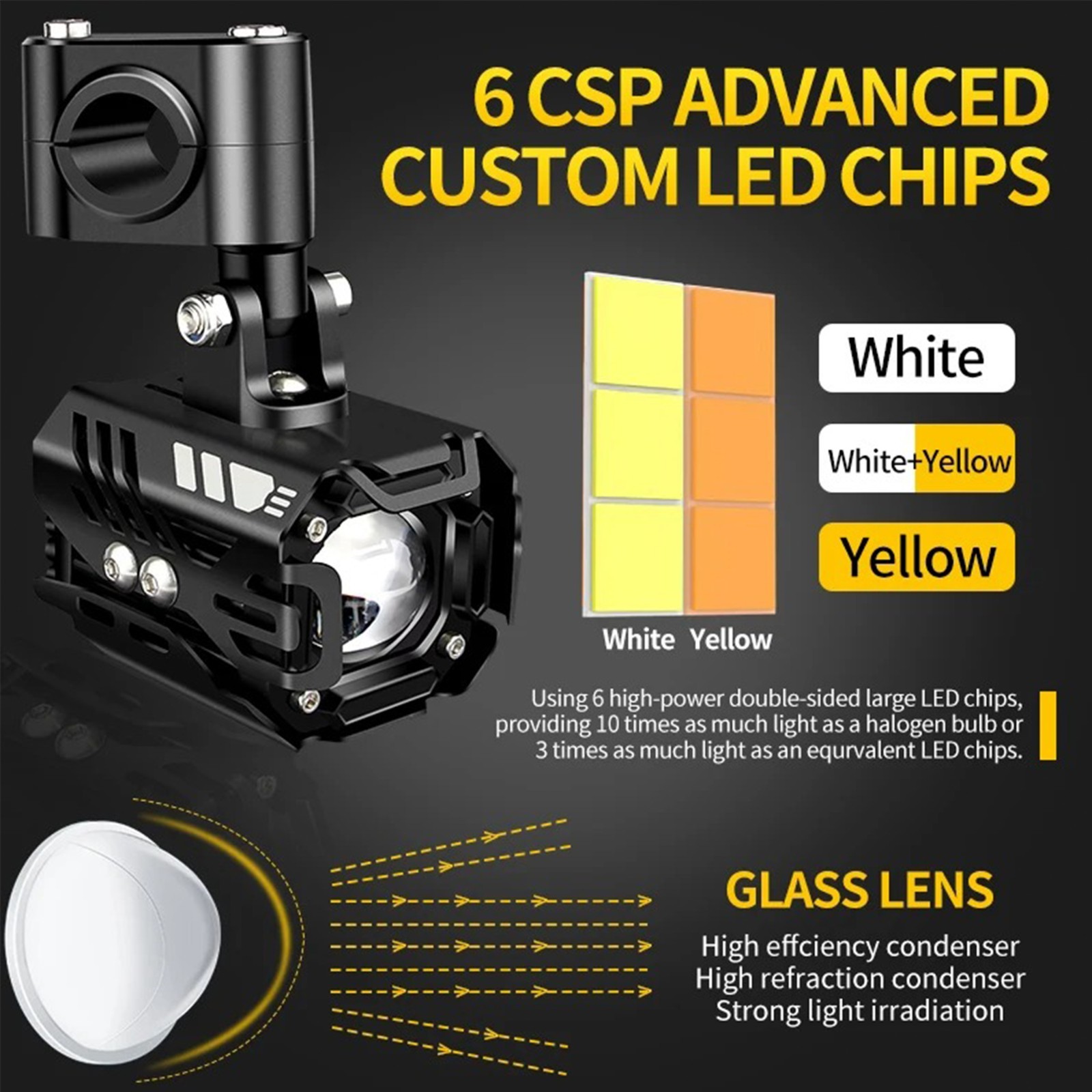 Motorcycle Headlight Driving Fog Lamp 2x LED Spot Light Auxiliary White+Yellow