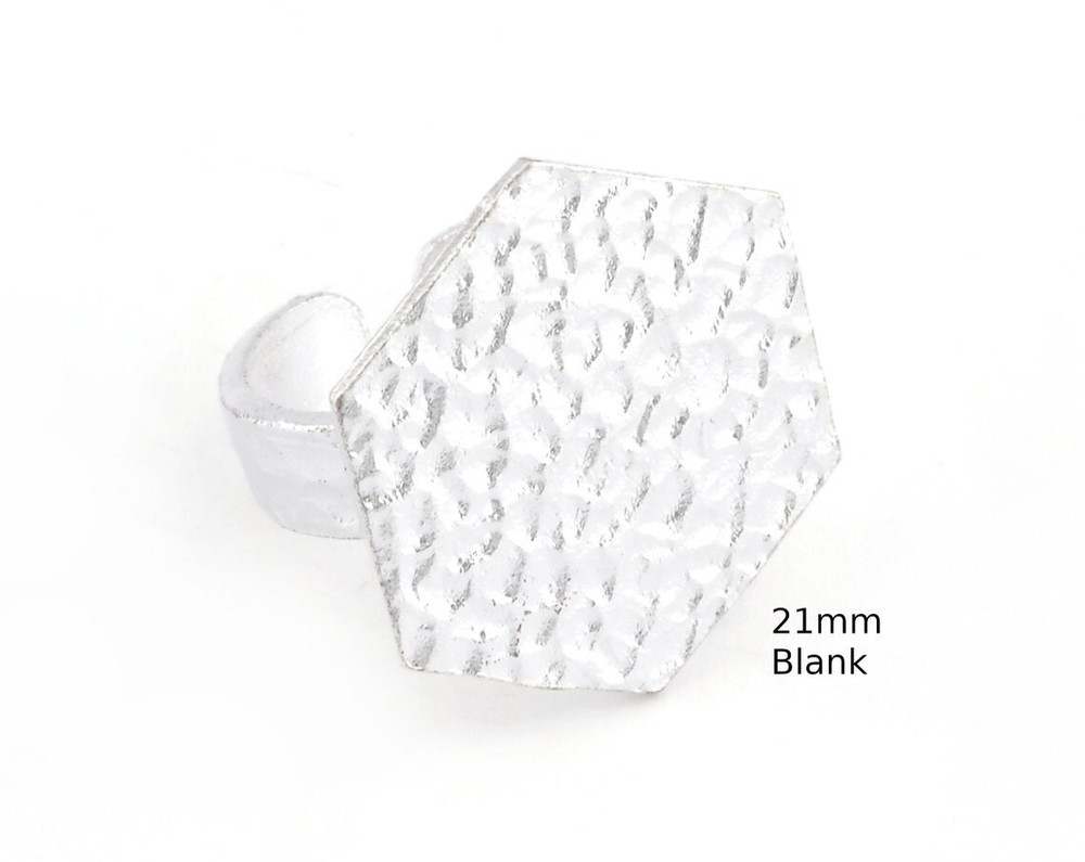 Hexagonal Hammered Adjustable Ring Blank - Shiny Silver Plated Brass 4946