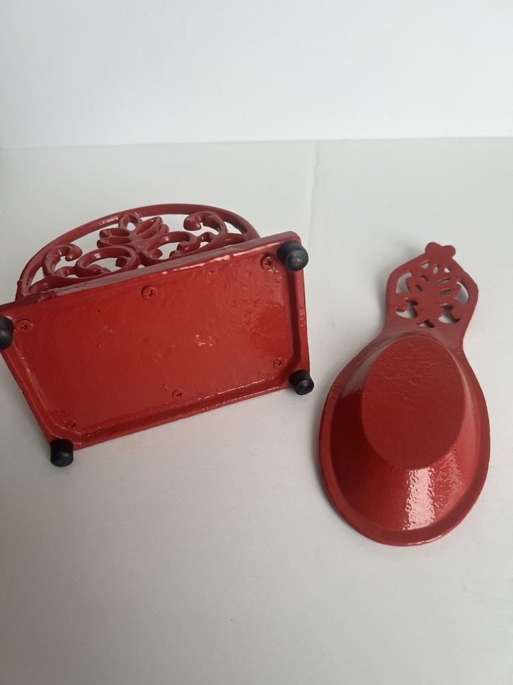 Red Enameled Solid Cast Iron Rounded Napkin Holder and Spoon Rest Set