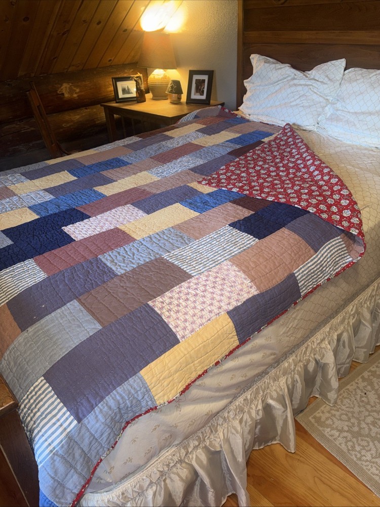 Vintage Hand Quilted Patchwork Quilt Primitive Full 1940s