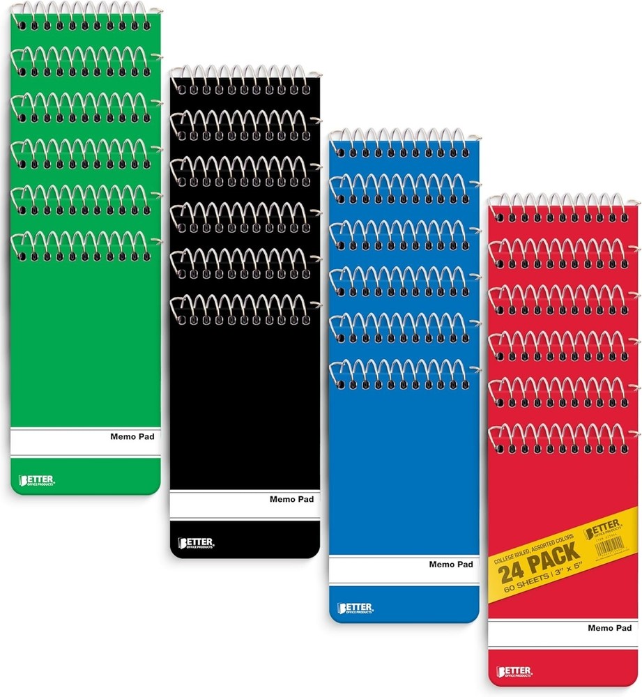 Assorted Solid Colors Spiral Memo Pads, 24 Pack