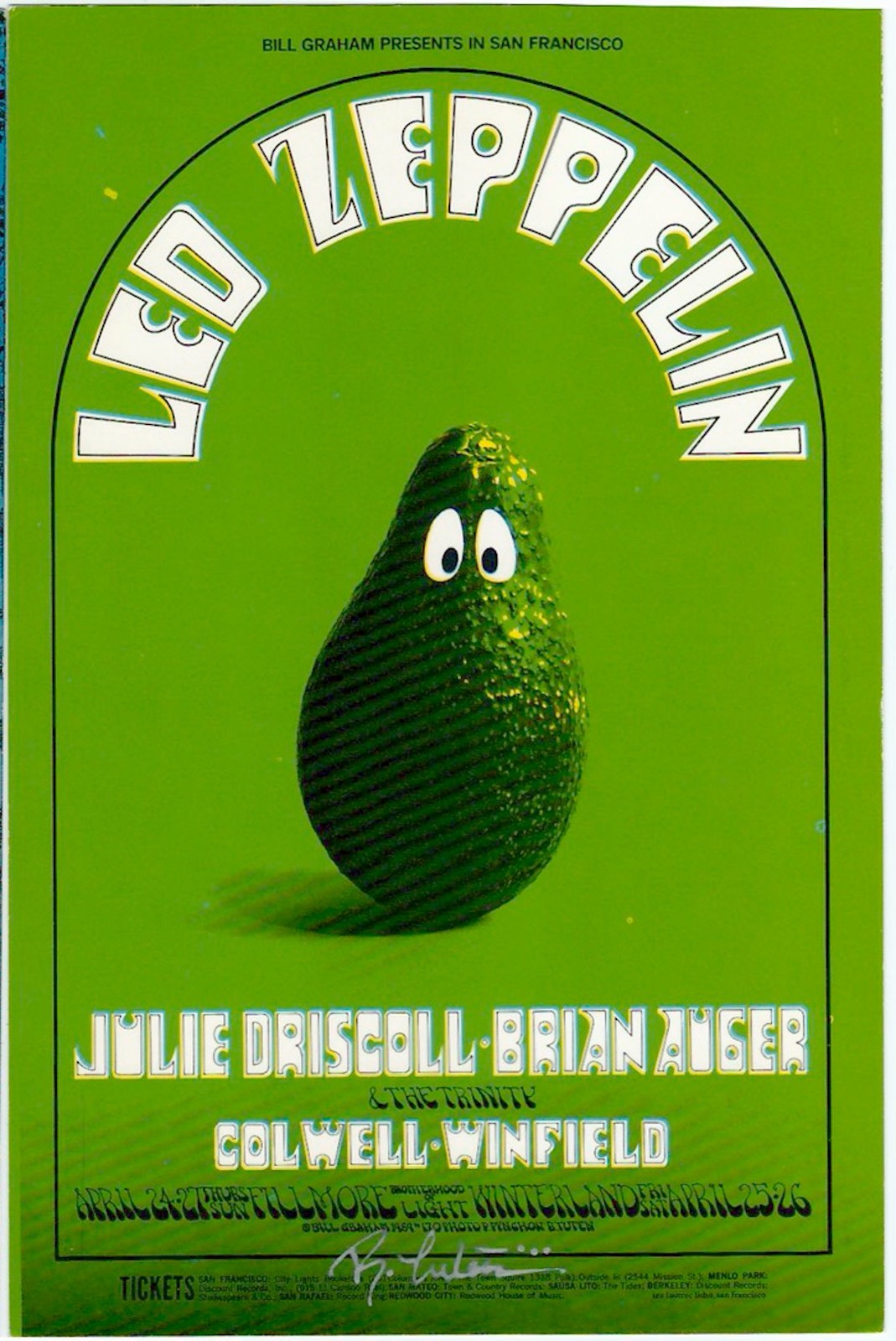 Led Zeppelin 1969 SIGNED BG 170 LITTLE AVACADO Fillmore Card