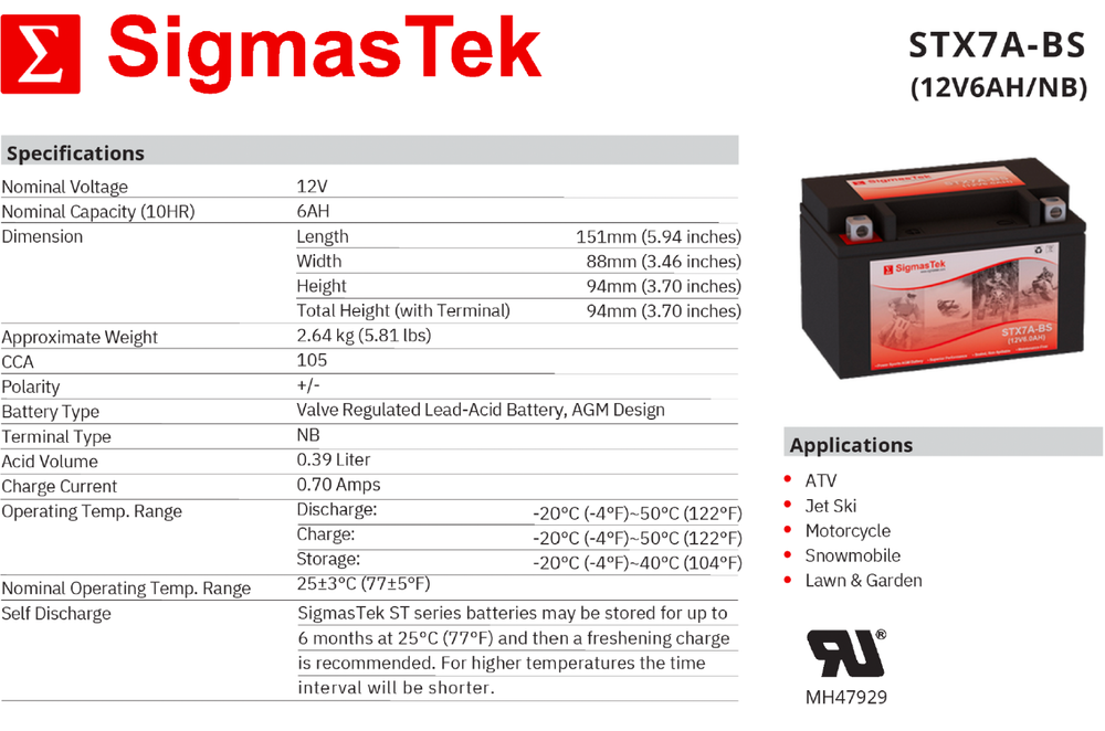 Chrome Battery 7A-BS SigmasTek Battery Replacement