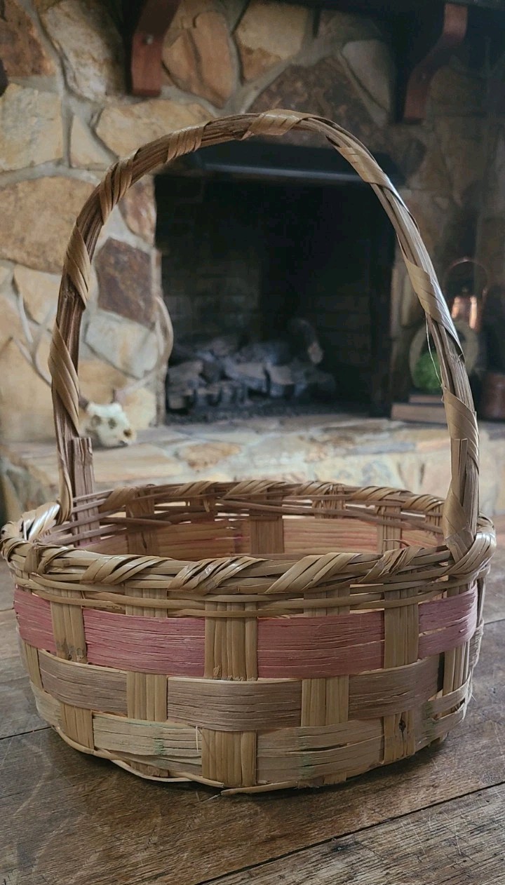 Vintage Woven Easter Basket Pink Band Handle Mexico Round Large 11.5 X 13