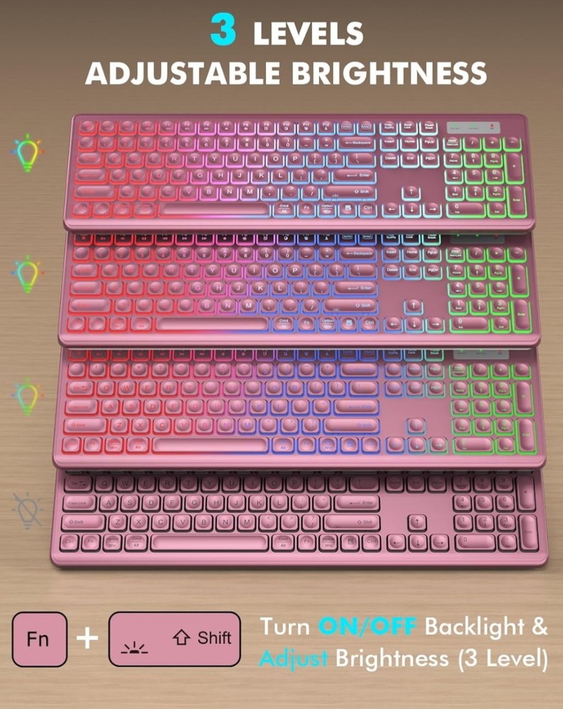 Wireless Keyboard and Mouse Combo, RGB Backlit Rechargeable Soft Typing Wine Red