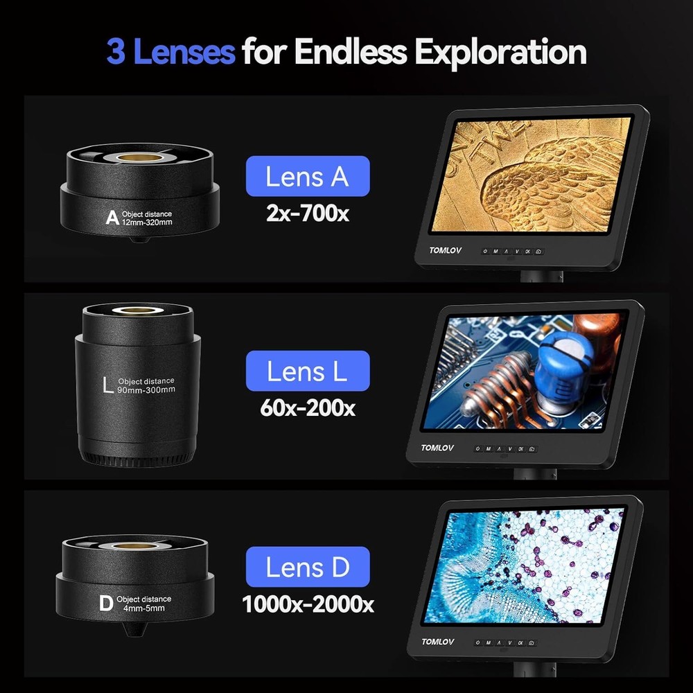 TOMLOV Digital Soldering Microscope 2000X 360° Flex Arm Stand Coin Microscope