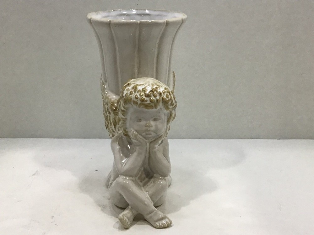 Sitting Winged Cherub White Ceramic Vase