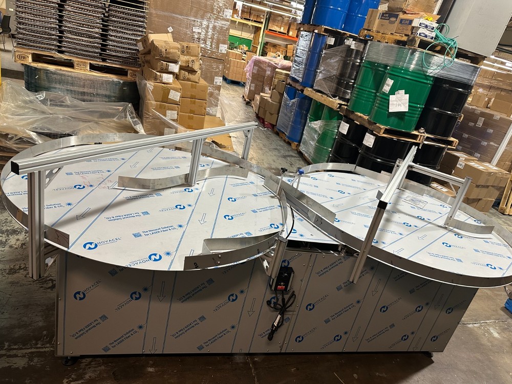 Dual 60" Stainless Rotary Accumulation Buffer Table Packaging Conveyor Labeling