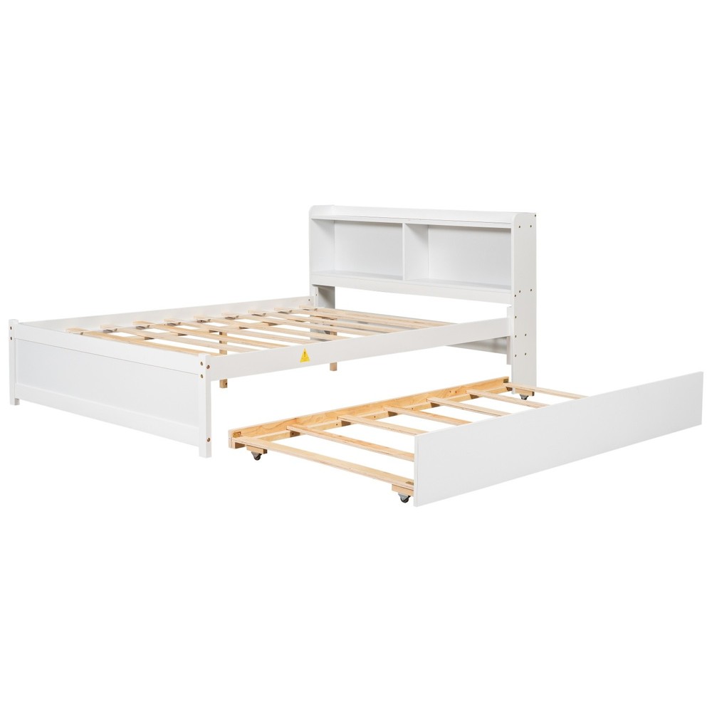 Full Size Bed Frame Wood Platform Bed with Trundle & Storage Headboard