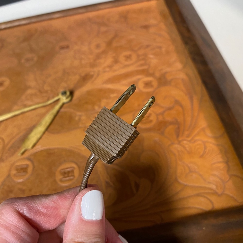 Vintage Square Tooled Leather Clock 16" Wood Frame Plug In • Works!