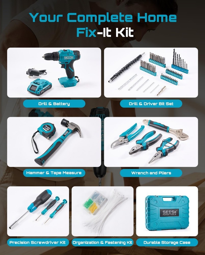 Seesii 190pcs Repair Basic Toolbox Tools Sets & Cordless Electric Driver w/ Case
