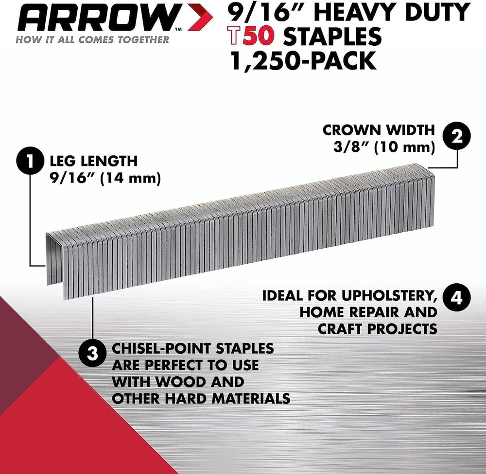 Arrow T50 9/16 Staples, 1250 Count
