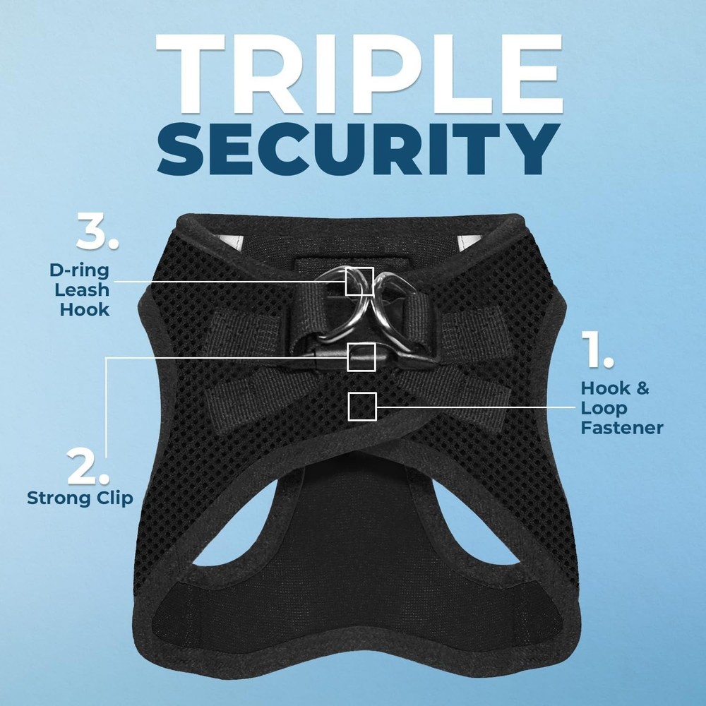 Reflective Black Harness for Small Medium Dogs with Triple Security Features