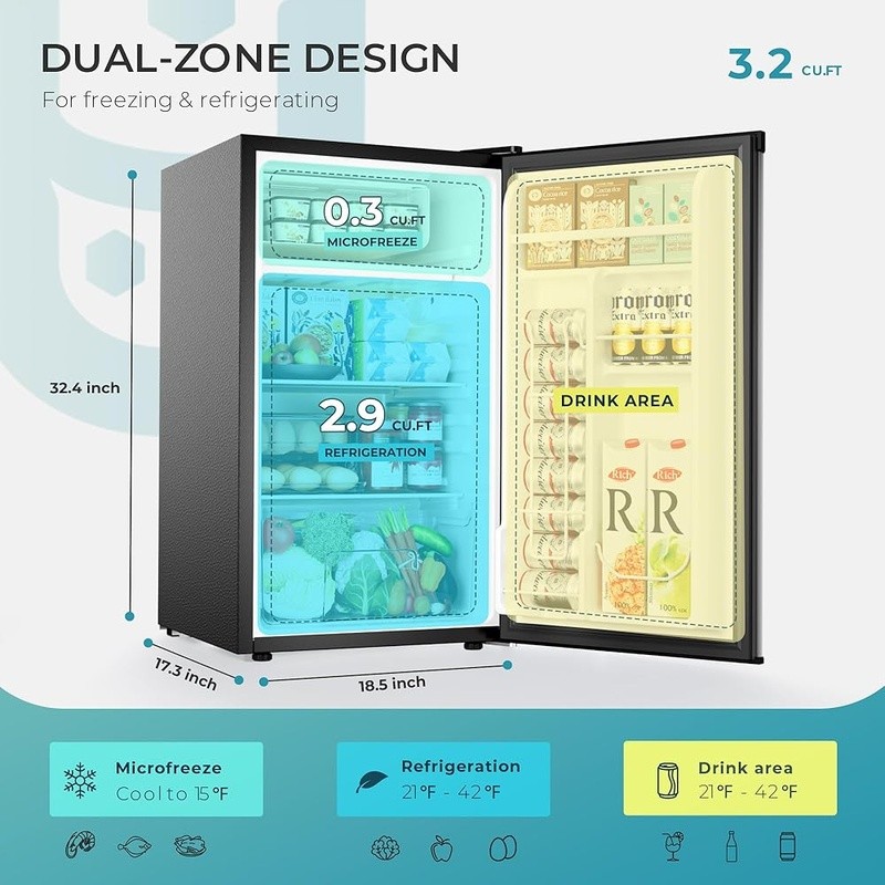 Energy Saving Compact Mini Fridge Quiet 3.2Cu Ft Micro Freezer Drip Tray New