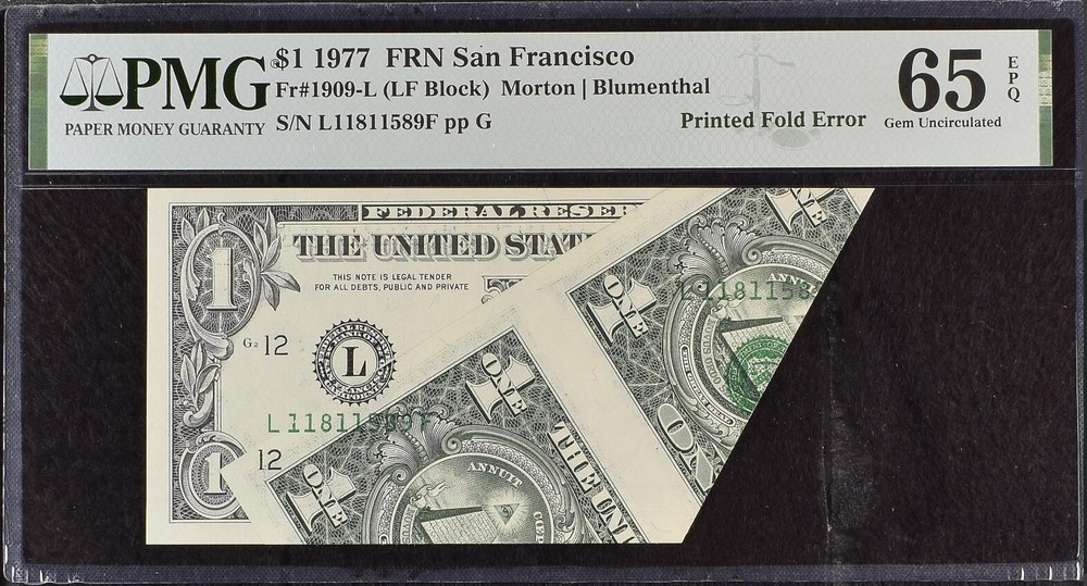 PMG 65 EPQ $1 1977 MASSIVE PRINTED FOLD ERROR SAN FRANCISCO