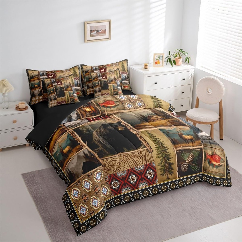 Hunting Bear Deer Comforter Set with Sheets Full, Tribal Brown Patchwork 7 Pi...