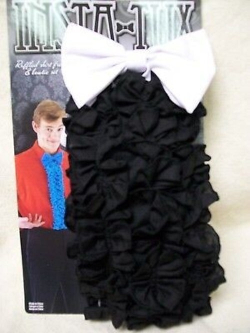 Instant Tux Black Ruffled Fake Shirt Front White Bow Tie 80s Prom Wedding Dickie
