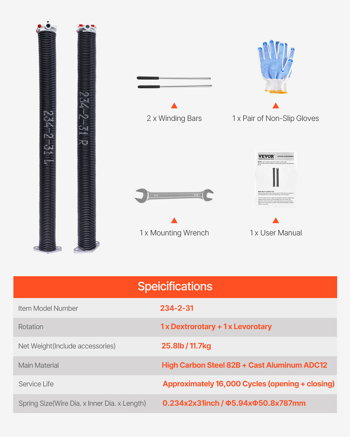 Garage Door Torsion Springs Pair of 0.234 x 2 x 31 inch with Winding Bars