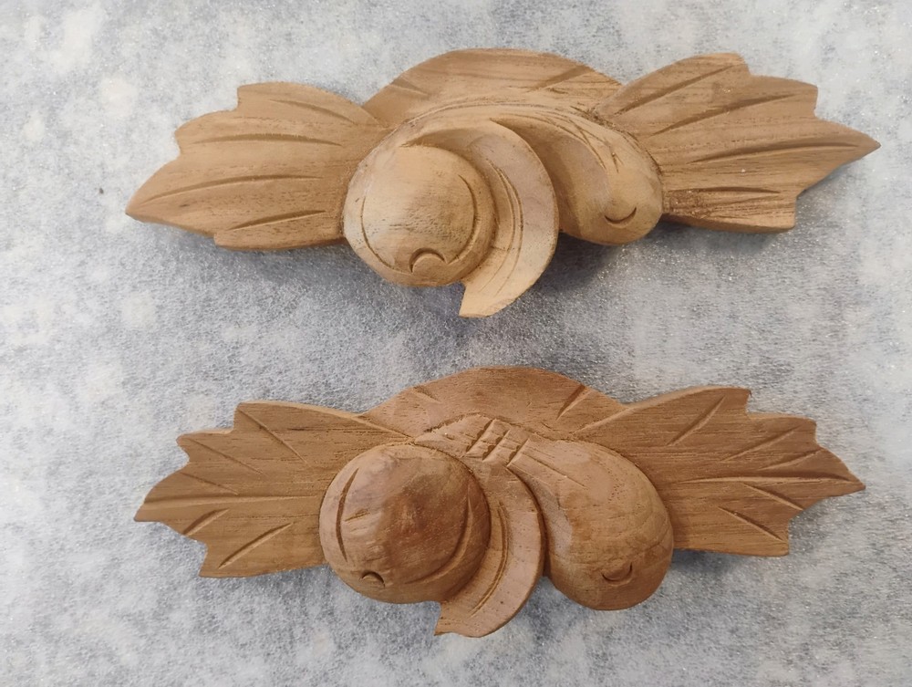 2 NOS CARVED WALNUT LEAF FRUIT PATTERN DRAWER PULLS HANDLES 6 3/4" w