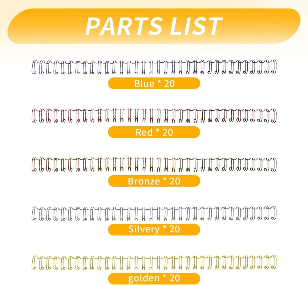 100 Pack Metal Twin Loop Binding Wire Coils, 32-Loop, 3/8" Mixing Color Doubl...