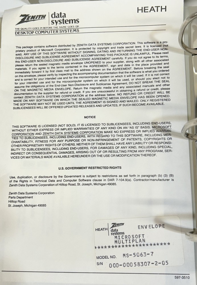 Heath Zenith Microsoft Multiplan Manual & Software (unopened)